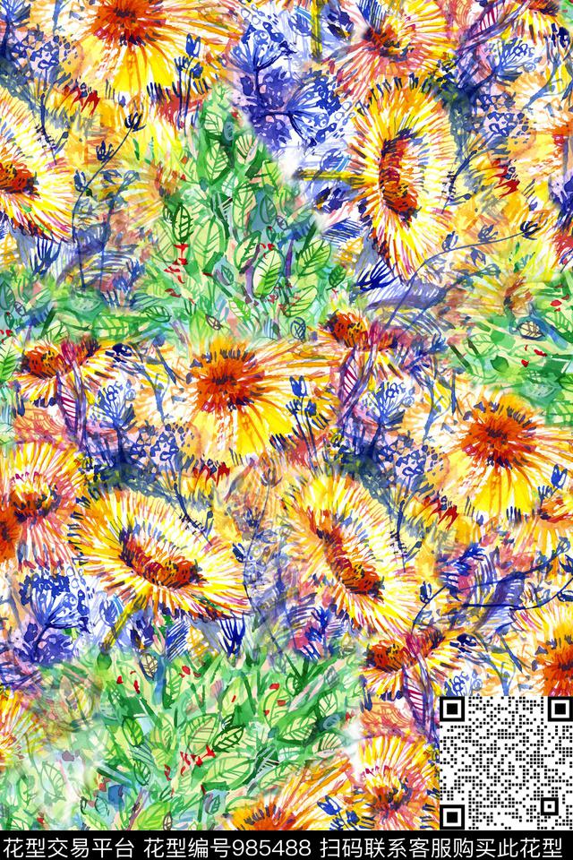 向日葵水彩花卉手绘花卉数码印花华亿平台下载（图片编号: 985488） - 瓦栏（Walan）