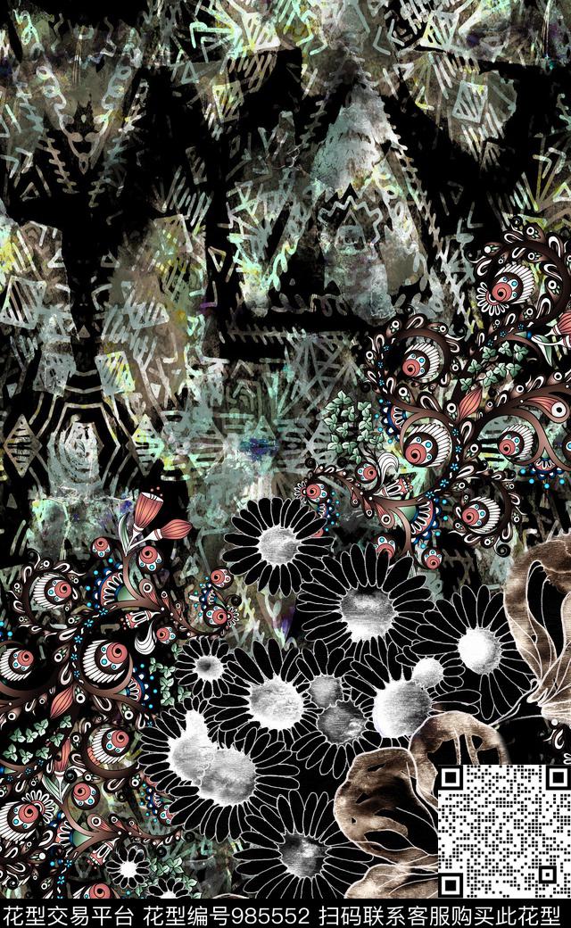 民族风抽象花卉数码印花华亿平台下载（图片编号: 985552） - 瓦栏（Walan）
