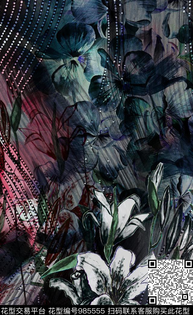 抽象花卉大牌风数码印花华亿平台下载（图片编号: 985555） - 瓦栏（Walan）