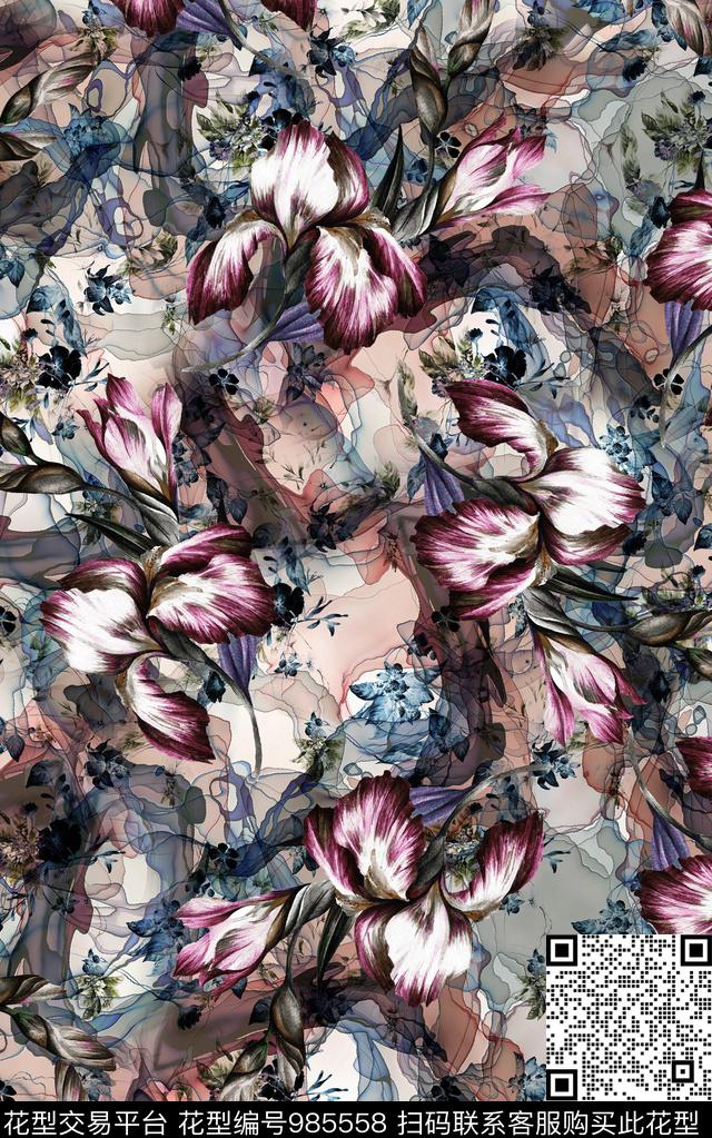 民族风抽象花卉数码印花华亿平台下载（图片编号: 985558） - 瓦栏（Walan）
