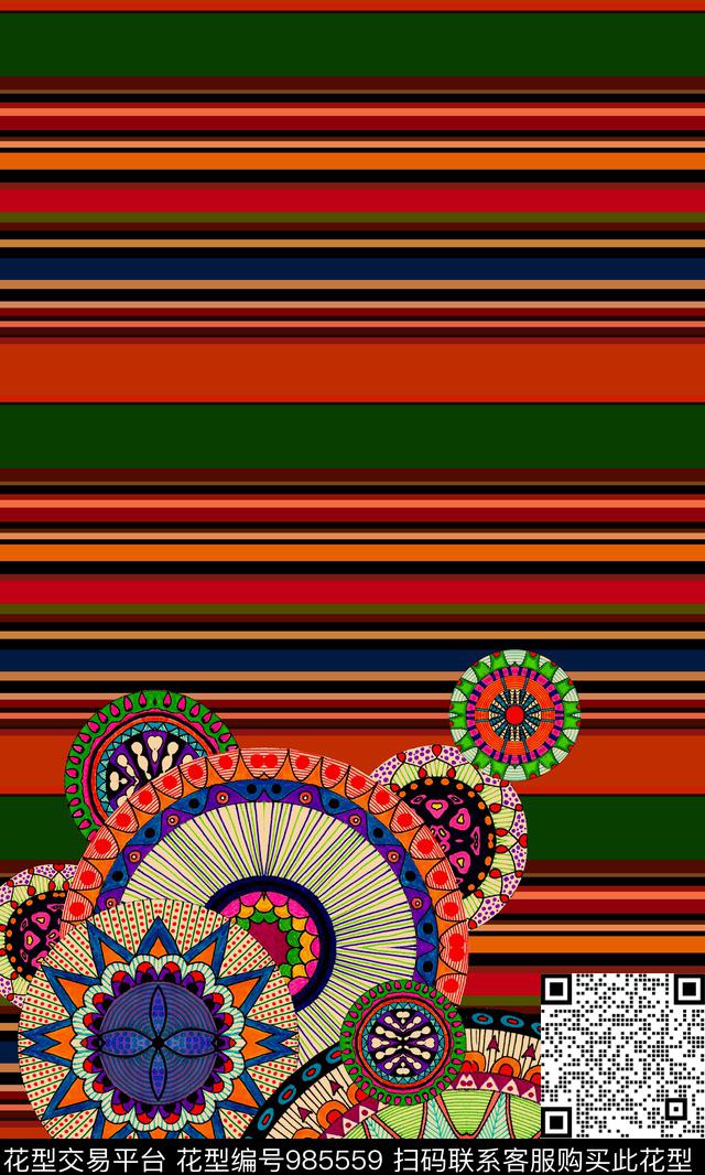 条纹民族风定位花数码印花华亿平台下载（图片编号: 985559） - 瓦栏（Walan）