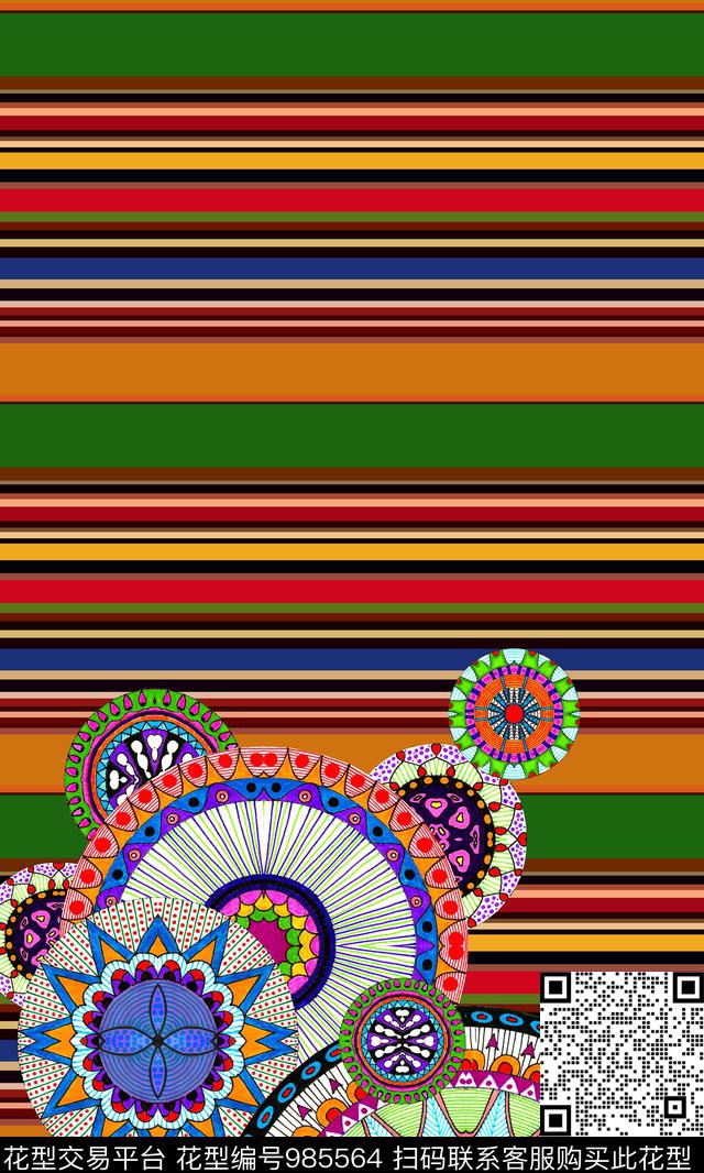 条纹民族风定位花数码印花华亿平台下载（图片编号: 985564） - 瓦栏（Walan）