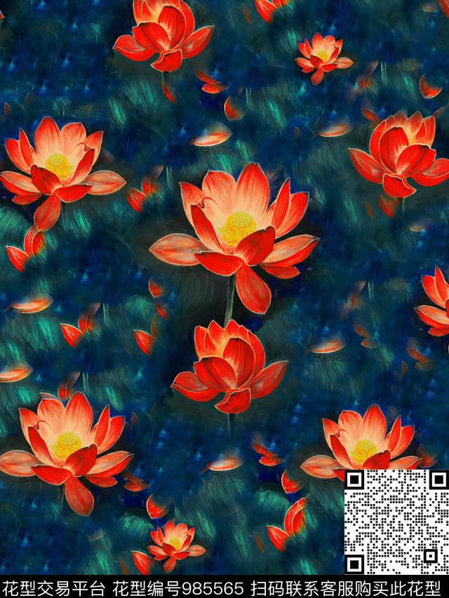 香云纱荷花油画华亿平台数码印花华亿平台下载（图片编号: 985565） - 瓦栏（Walan）