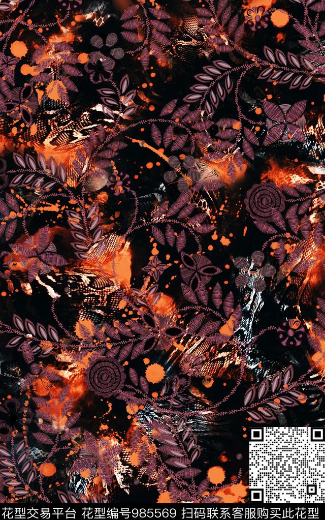 民族风抽象花卉数码印花华亿平台下载（图片编号: 985569） - 瓦栏（Walan）