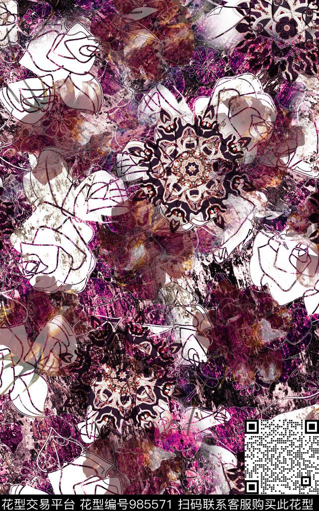 民族风抽象花卉数码印花华亿平台下载（图片编号: 985571） - 瓦栏（Walan）
