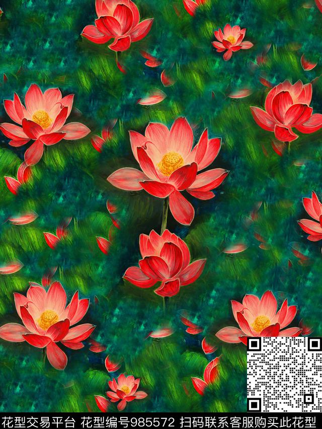 香云纱荷花油画华亿平台数码印花华亿平台下载（图片编号: 985572） - 瓦栏（Walan）