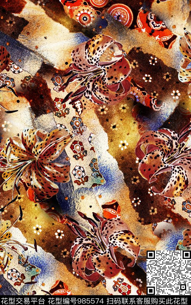 民族风抽象花卉数码印花华亿平台下载（图片编号: 985574） - 瓦栏（Walan）