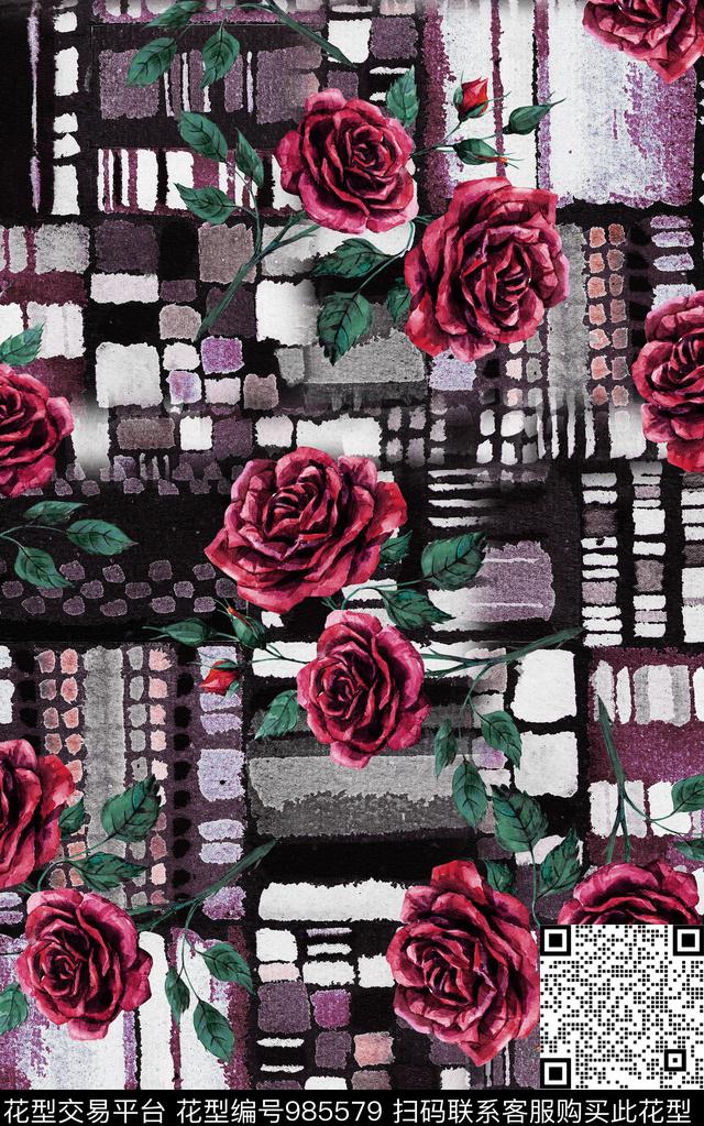 花卉复古玫瑰花数码印花华亿平台下载（图片编号: 985579） - 瓦栏（Walan）