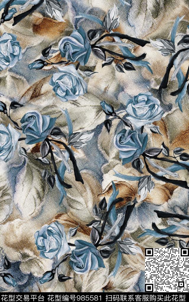 抽象花卉复古数码印花华亿平台下载（图片编号: 985581） - 瓦栏（Walan）