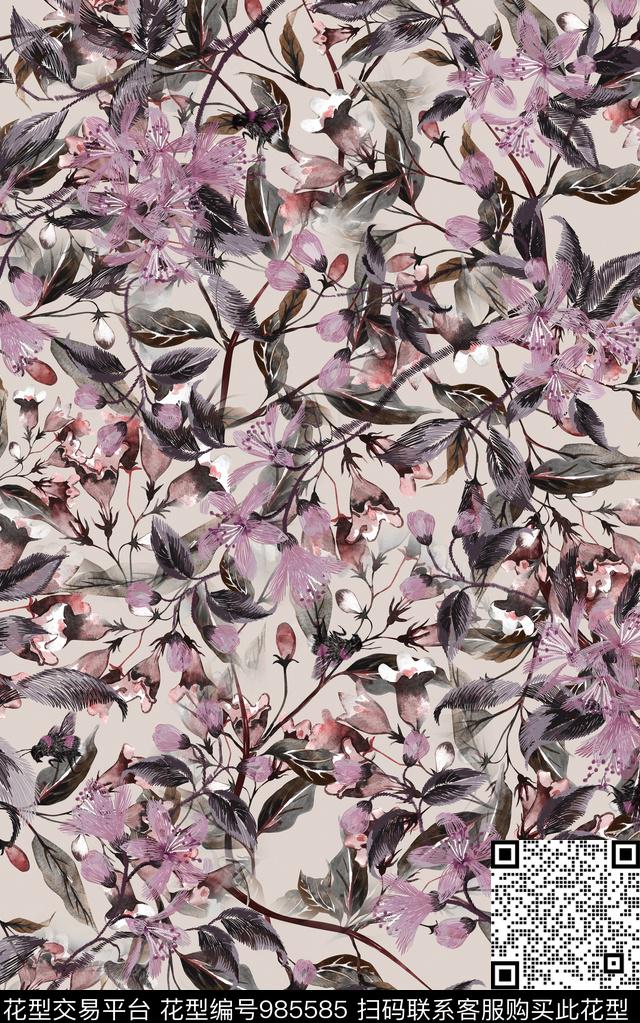 花卉复古水彩花卉数码印花华亿平台下载（图片编号: 985585） - 瓦栏（Walan）