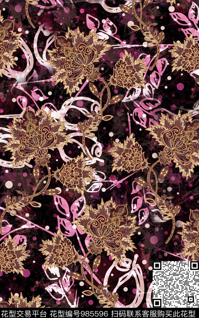 民族风抽象花卉数码印花华亿平台下载（图片编号: 985596） - 瓦栏（Walan）