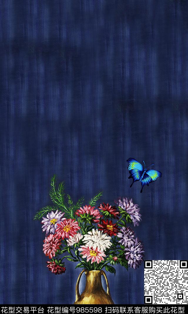 菊花定位花蝴蝶数码印花华亿平台下载（图片编号: 985598） - 瓦栏（Walan）