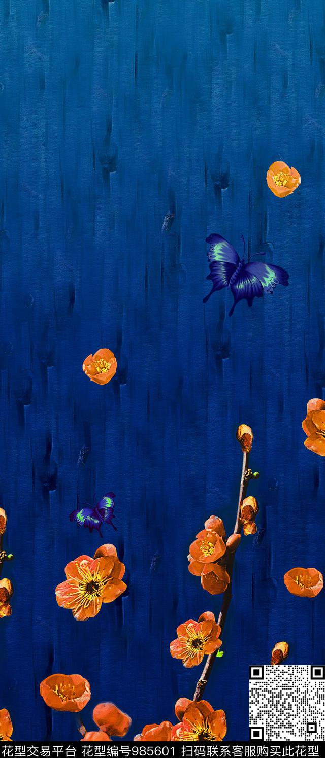 定位花桃花蝴蝶数码印花华亿平台下载（图片编号: 985601） - 瓦栏（Walan）