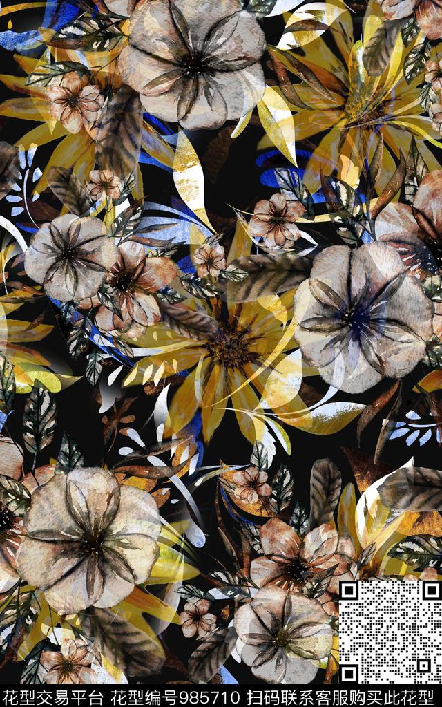 民族风抽象花卉数码印花华亿平台下载（图片编号: 985710） - 瓦栏（Walan）