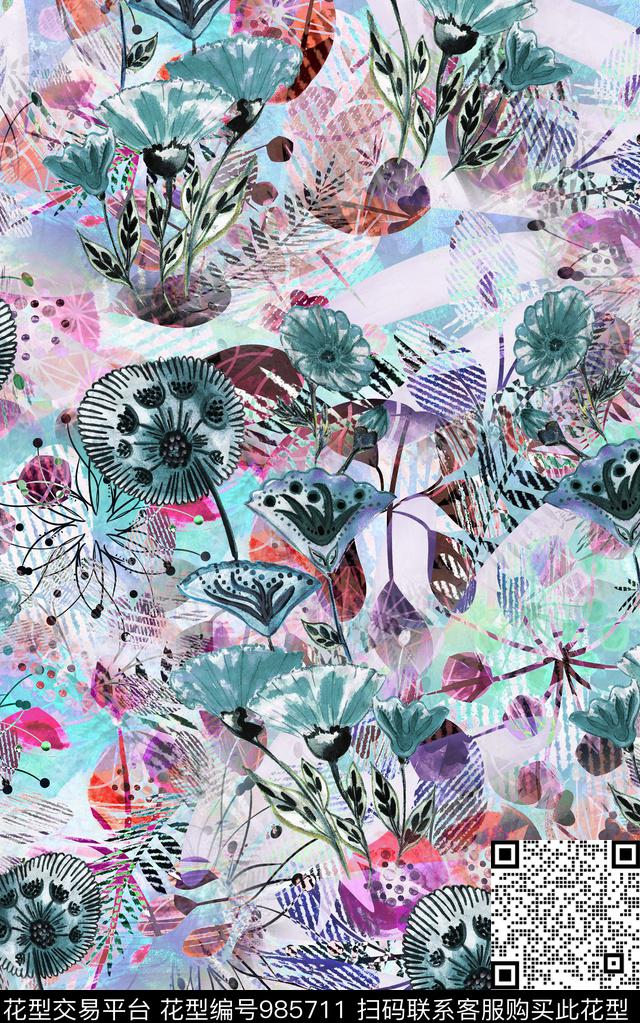 民族风抽象花卉数码印花华亿平台下载（图片编号: 985711） - 瓦栏（Walan）