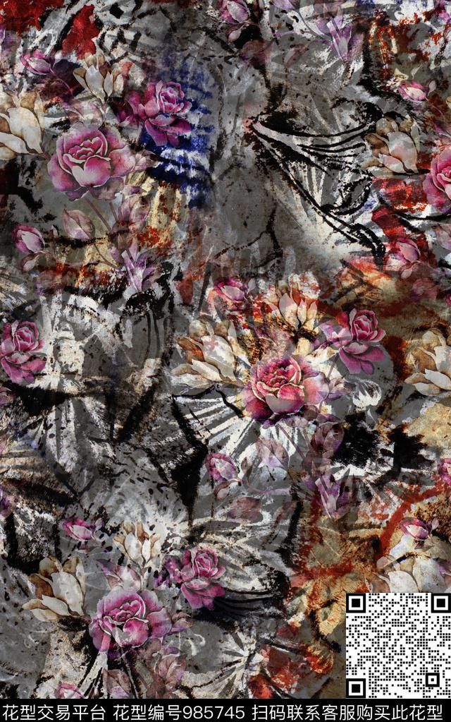 民族风抽象花卉数码印花华亿平台下载（图片编号: 985745） - 瓦栏（Walan）