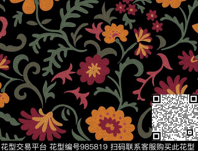 花卉满版散花复古传统印花华亿平台下载（图片编号: 985819） - 瓦栏（Walan）