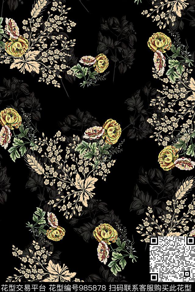 花卉女装黄花数码印花华亿平台下载（图片编号: 985878） - 瓦栏（Walan）