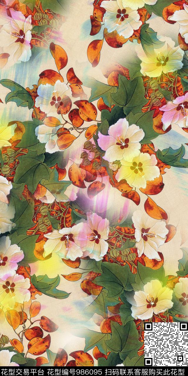 数码华亿平台手绘花卉女装数码印花华亿平台下载（图片编号: 986095） - 瓦栏（Walan）