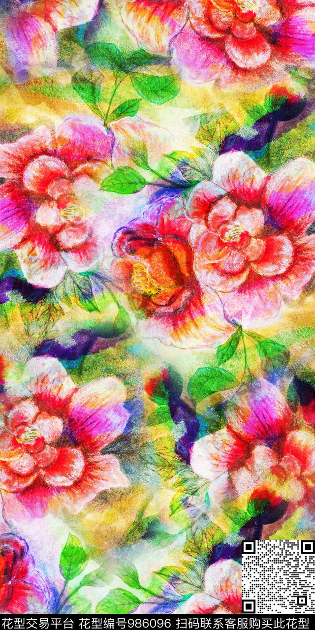 数码华亿平台手绘花卉女装数码印花华亿平台下载（图片编号: 986096） - 瓦栏（Walan）