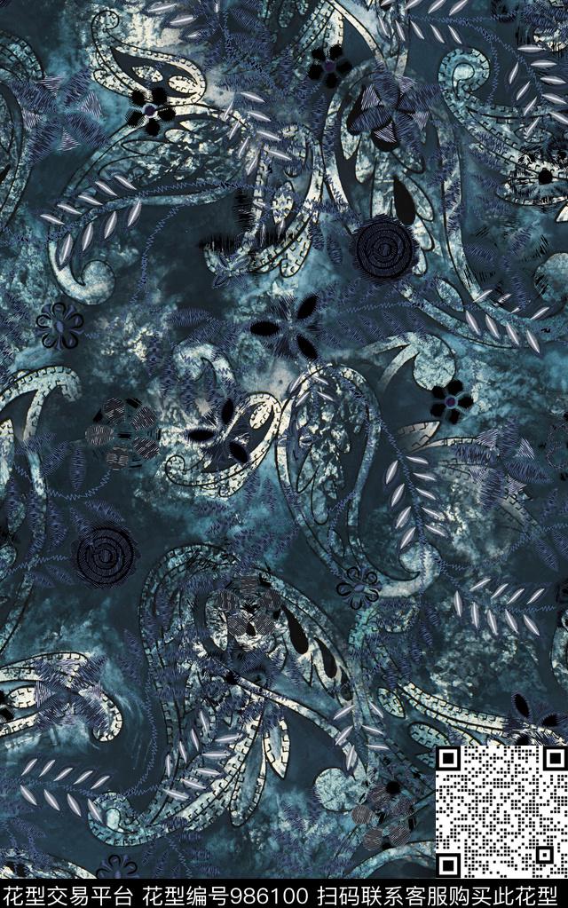 民族风抽象花卉数码印花华亿平台下载（图片编号: 986100） - 瓦栏（Walan）
