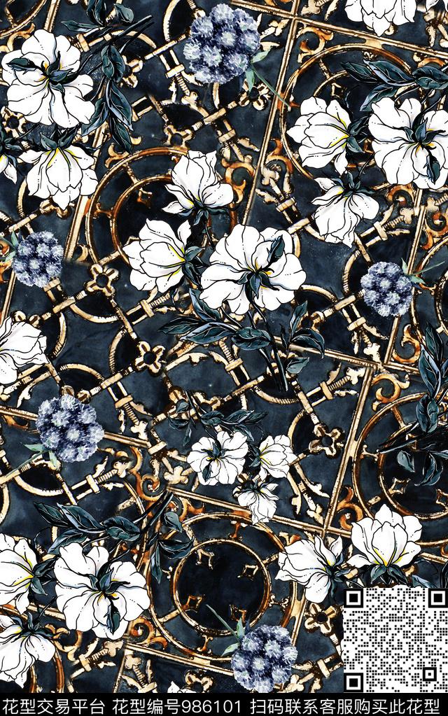 民族风抽象花卉数码印花华亿平台下载（图片编号: 986101） - 瓦栏（Walan）