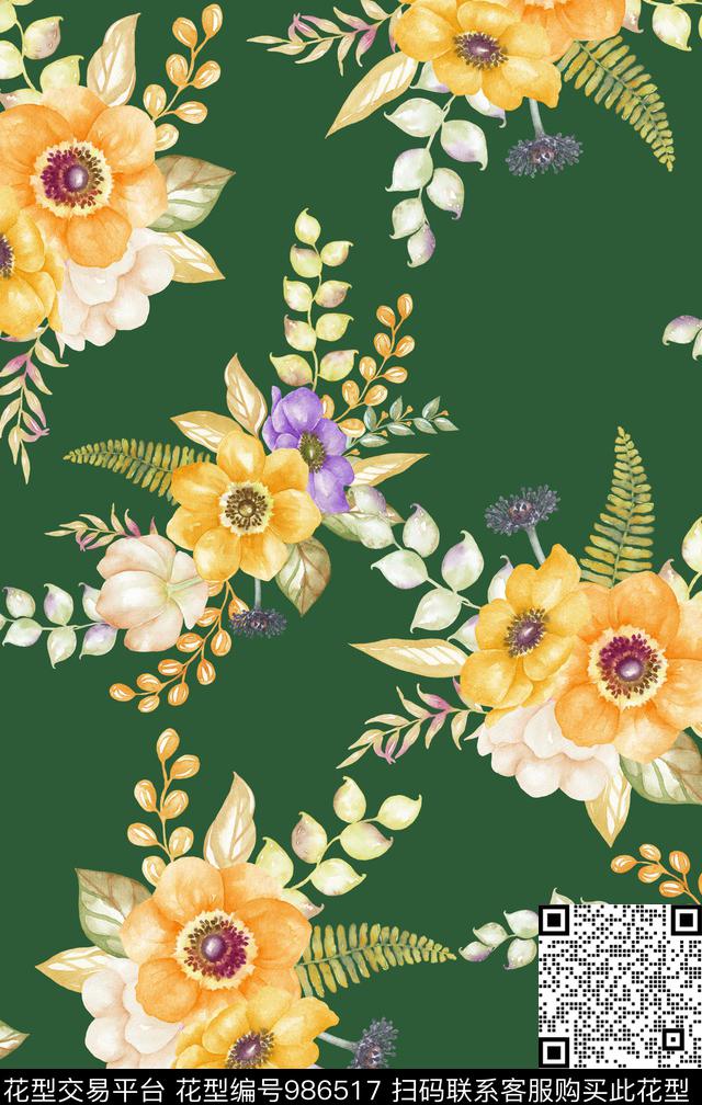 水彩花卉满版散花男装满版花传统印花华亿平台下载（图片编号: 986517） - 瓦栏（Walan）