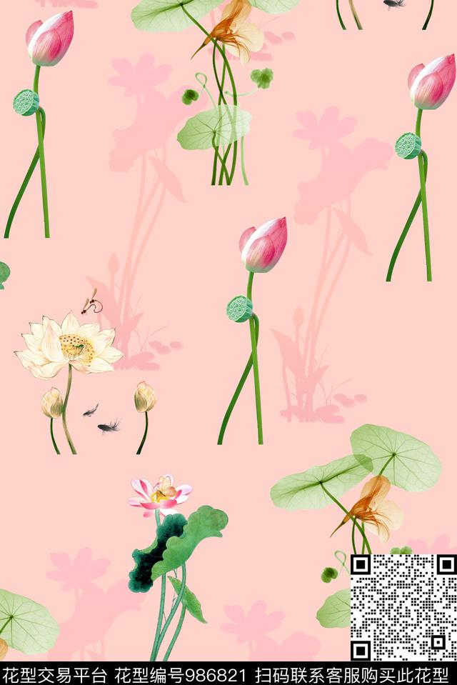 春夏华亿平台清爽底花卉荷花数码印花华亿平台下载（图片编号: 986821） - 瓦栏（Walan）