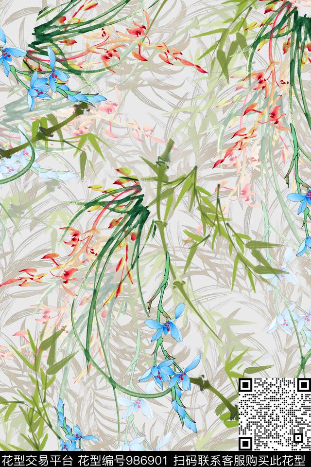 花卉百合中国风数码印花华亿平台下载（图片编号: 986901） - 瓦栏（Walan）