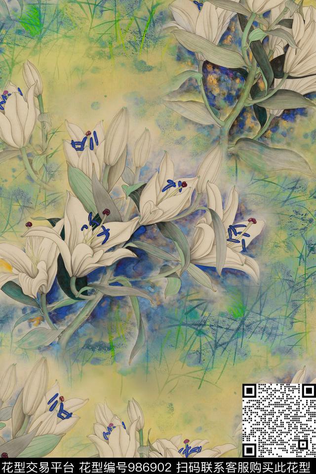 花卉百合中国风数码印花华亿平台下载（图片编号: 986902） - 瓦栏（Walan）