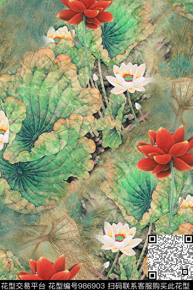 花卉荷花百合数码印花华亿平台下载（图片编号: 986903） - 瓦栏（Walan）