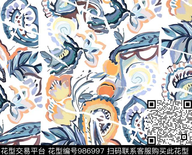 数码华亿平台手绘花卉女装数码印花华亿平台下载（图片编号: 986997） - 瓦栏（Walan）