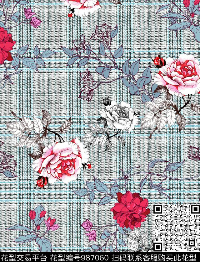 格子花卉年轻女性数码印花华亿平台下载（图片编号: 987060） - 瓦栏（Walan）