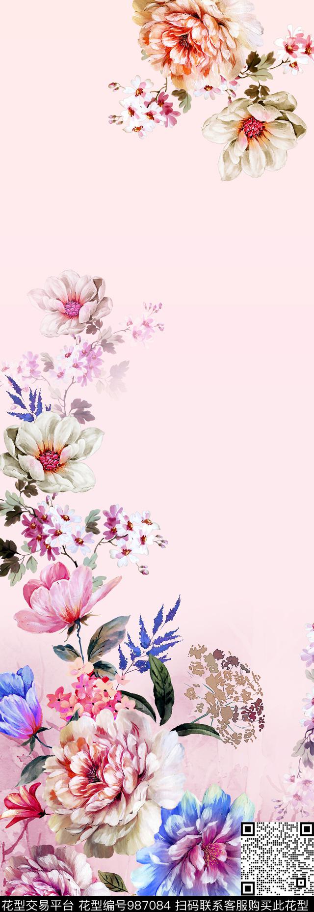 春夏华亿平台水彩花卉手绘花卉数码印花华亿平台下载（图片编号: 987084） - 瓦栏（Walan）