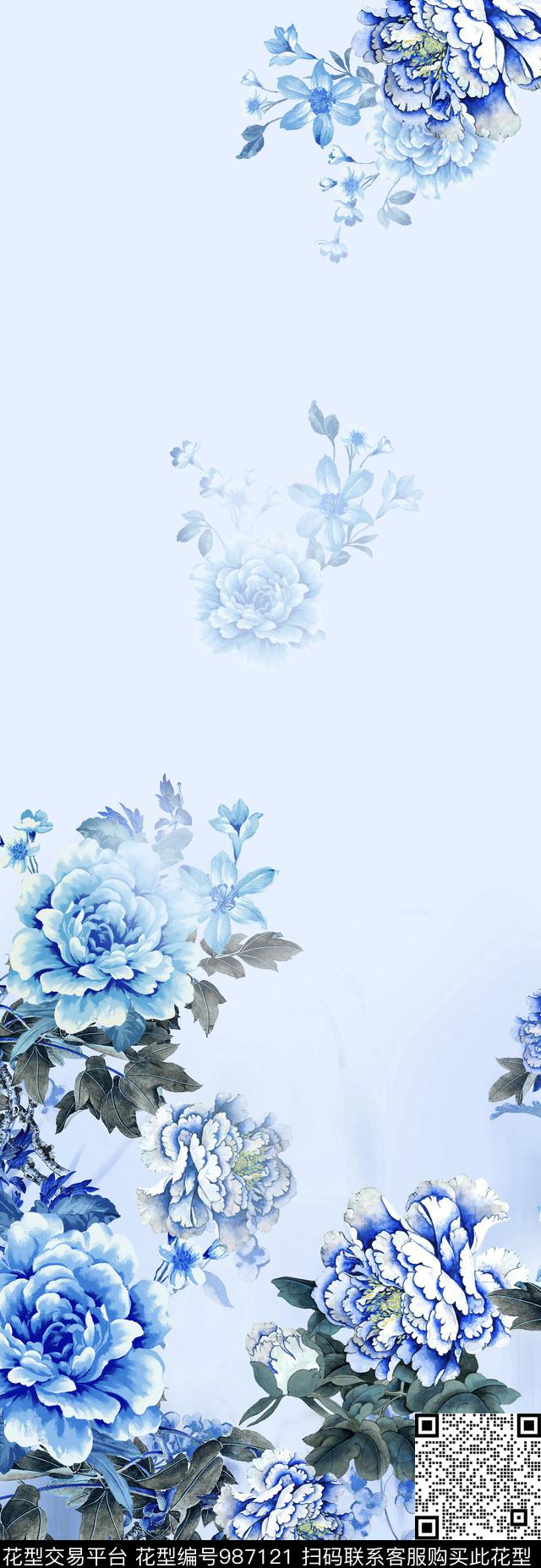 牡丹中国风定位花中国风数码印花华亿平台下载（图片编号: 987121） - 瓦栏（Walan）