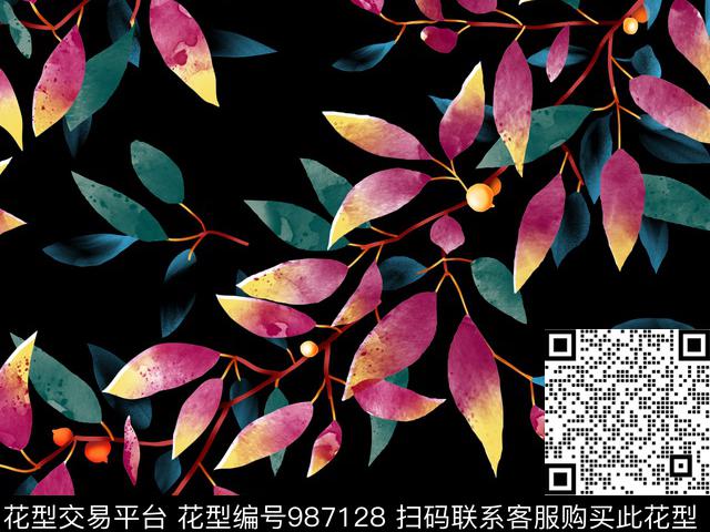 肌理水彩花卉绿植树叶传统印花华亿平台下载（图片编号: 987128） - 瓦栏（Walan）