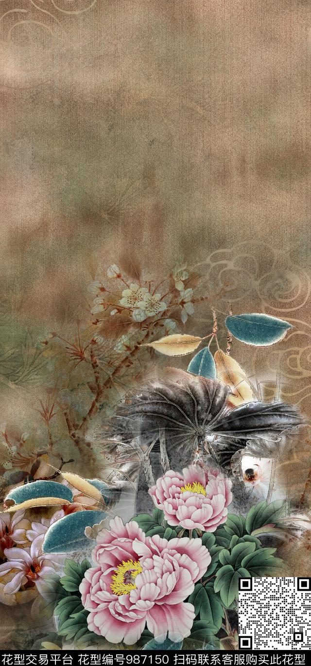 国画中国风定位花数码印花华亿平台下载（图片编号: 987150） - 瓦栏（Walan）