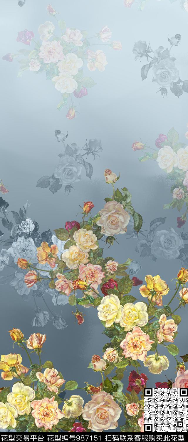 数码华亿平台水彩花卉手绘花卉数码印花华亿平台下载（图片编号: 987151） - 瓦栏（Walan）