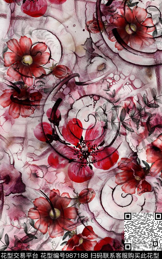 民族风抽象花卉数码印花华亿平台下载（图片编号: 987188） - 瓦栏（Walan）