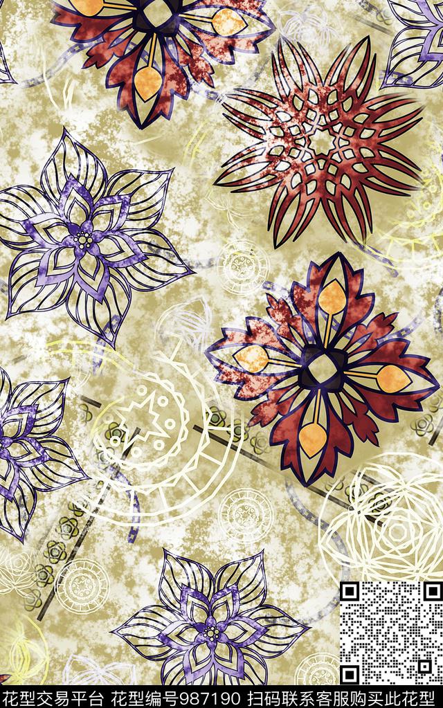 民族风抽象复古数码印花华亿平台下载（图片编号: 987190） - 瓦栏（Walan）