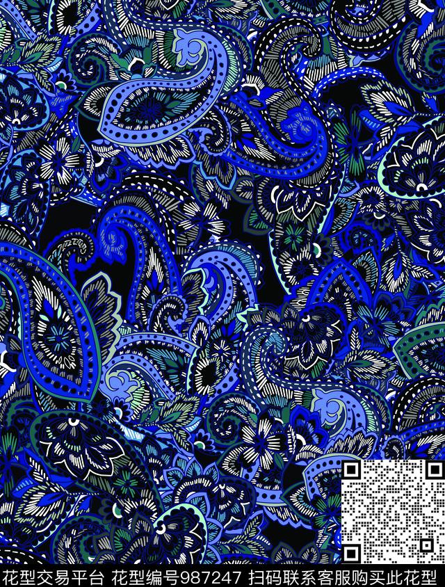 大牌风佩斯利深色传统印花华亿平台下载（图片编号: 987247） - 瓦栏（Walan）