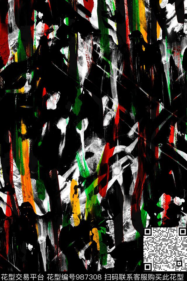 抽象手绘笔刷画Fei-抽象派数码印花华亿平台下载（图片编号: 987308） - 瓦栏（Walan）