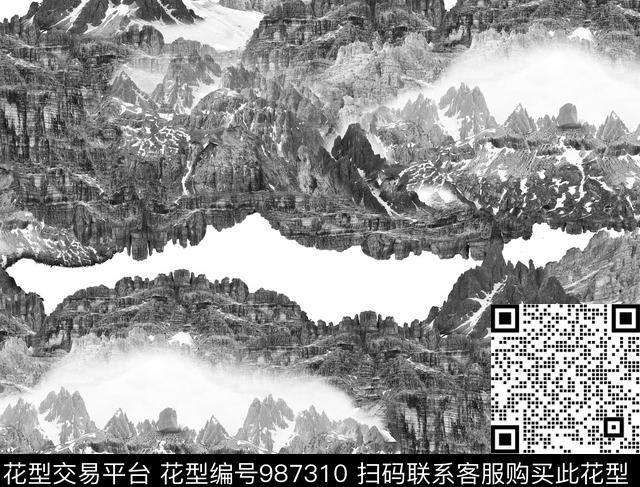 黑白条纹绘画灰色花数码印花华亿平台下载（图片编号: 987310） - 瓦栏（Walan）