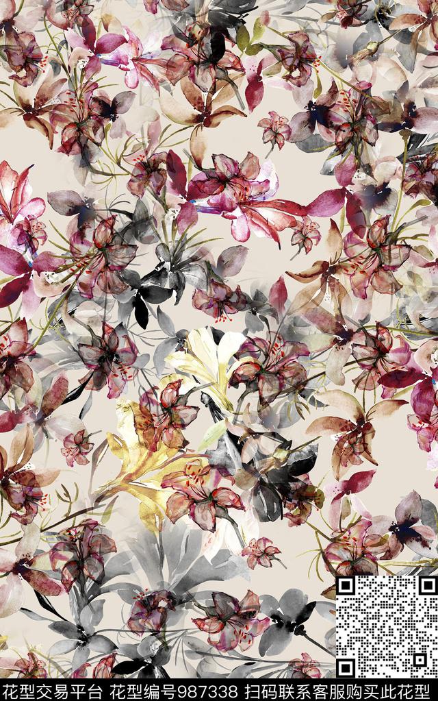 民族风抽象花卉数码印花华亿平台下载（图片编号: 987338） - 瓦栏（Walan）