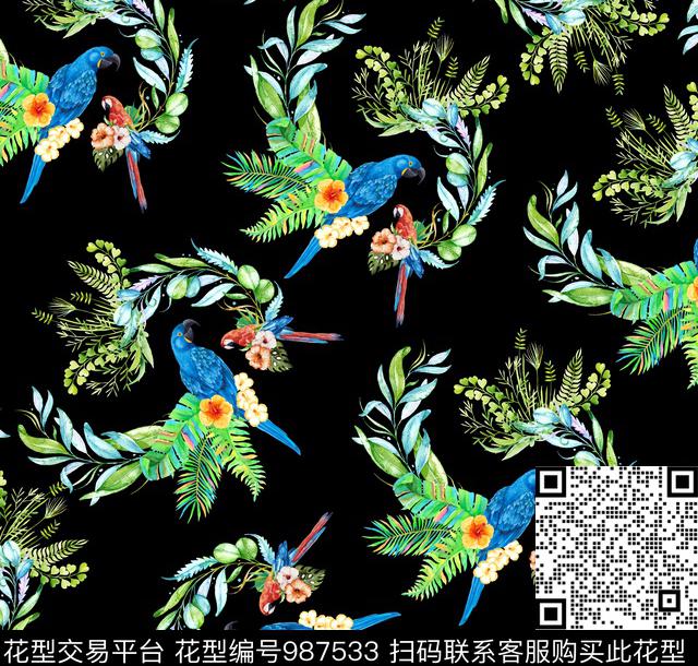 绘画花卉鹦鹉数码印花华亿平台下载（图片编号: 987533） - 瓦栏（Walan）