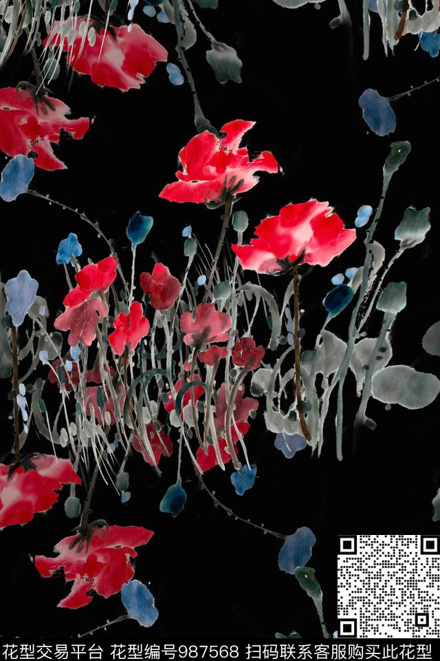 数码华亿平台手绘花卉水墨风数码印花华亿平台下载（图片编号: 987568） - 瓦栏（Walan）