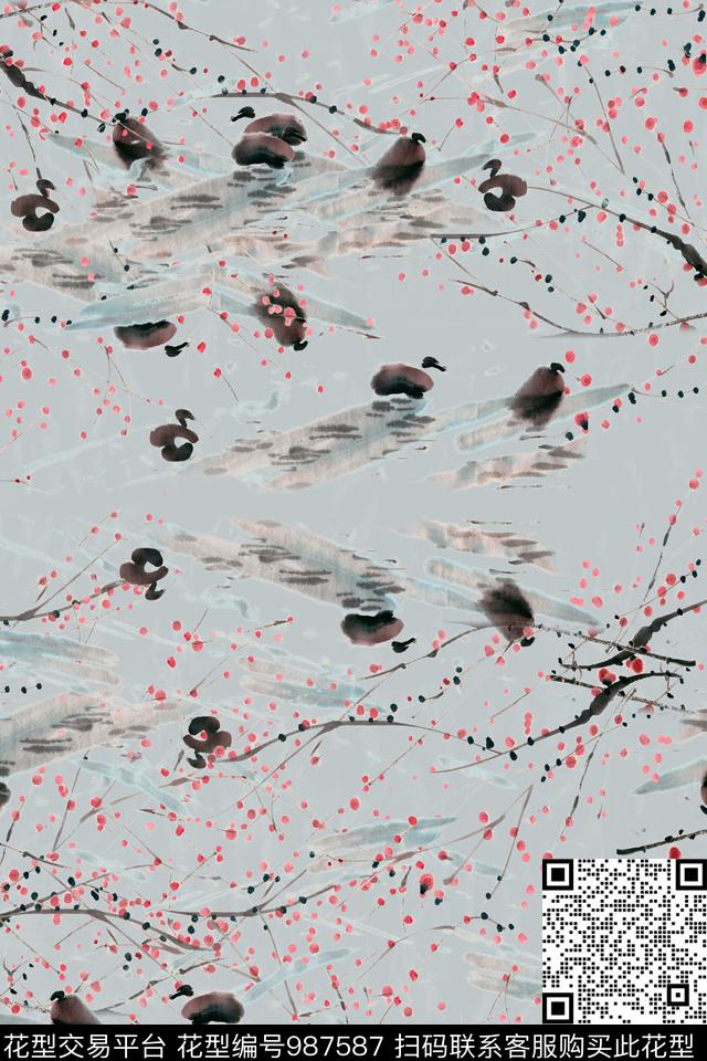数码华亿平台休闲水墨风数码印花华亿平台下载（图片编号: 987587） - 瓦栏（Walan）