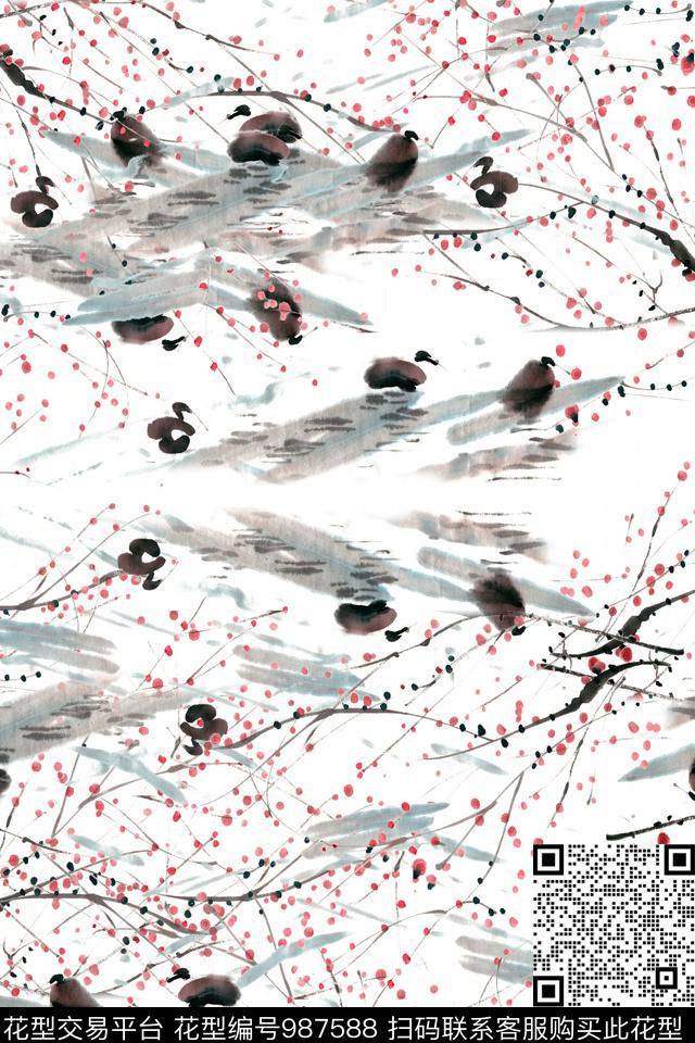 数码华亿平台休闲水墨风数码印花华亿平台下载（图片编号: 987588） - 瓦栏（Walan）