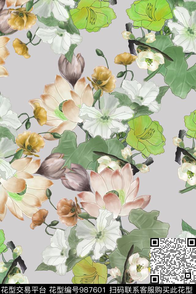 数码华亿平台素雅手绘花卉数码印花华亿平台下载（图片编号: 987601） - 瓦栏（Walan）