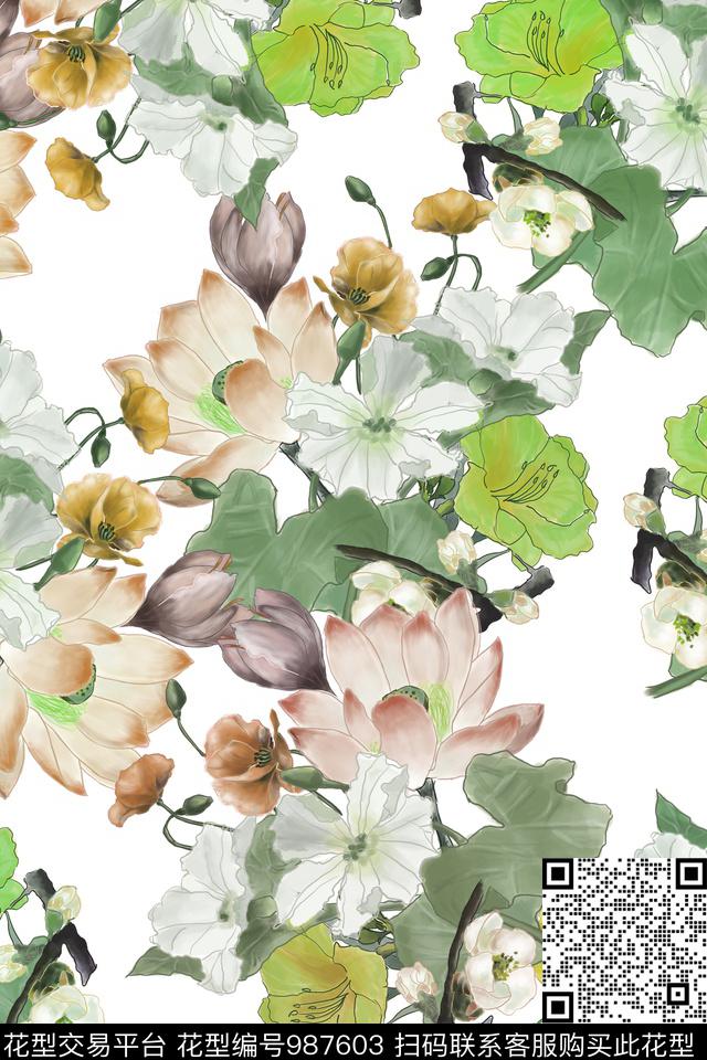 数码华亿平台素雅手绘花卉数码印花华亿平台下载（图片编号: 987603） - 瓦栏（Walan）
